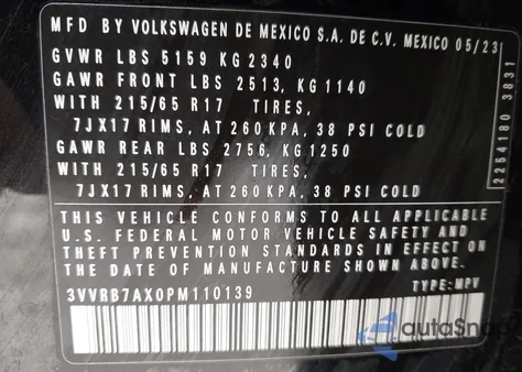 2023 Volkswagen Tiguan 2.0T S из США, поврежденный, VIN 3VVRB7AX0PM110139